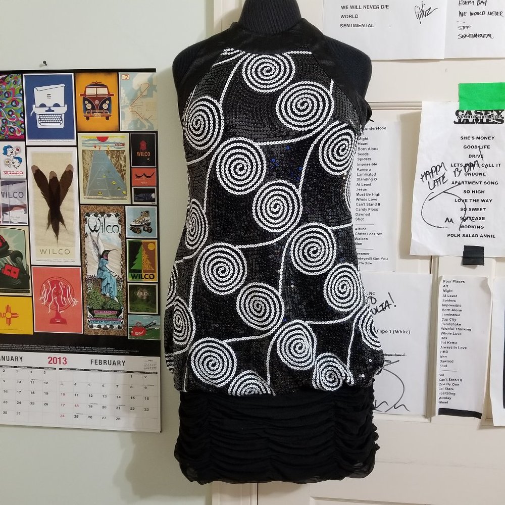 Cache dress 6 sequin spiral polka dot swirl bedazzled tie neck halter party VTG